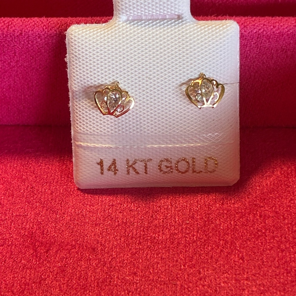 14k gold small  Gold Stud Earrings, gold crown cubic zirconia stone